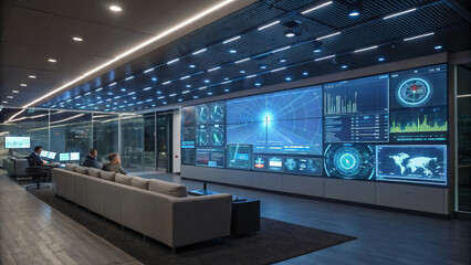 Obraz premium Modern control room with large digital screens displaying data and analytics, featuring futuristic design and advanced technology