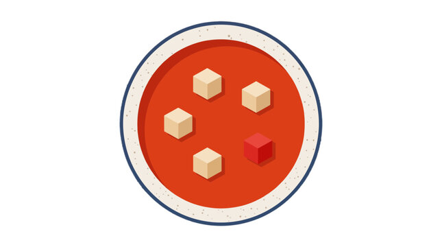 Abstract illustration of a bowl of soup with floating cubes and one red cube standing out