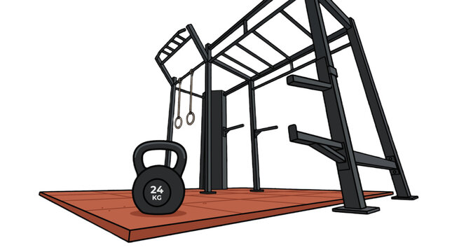 Gym equipment including a kettlebell and a pull up rig with gymnastic rings and monkey bars