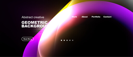 Naklejka premium Abstract design features vibrant colors, geometric shapes, minimal text, navigation menu, dark background. Modern aesthetic.