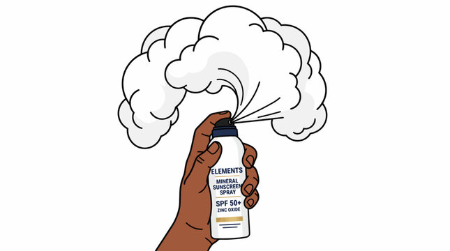 Hand holding a spray can of Elements Mineral Sunscreen Spray SPF 50+ Zinc Oxide with mist spraying out