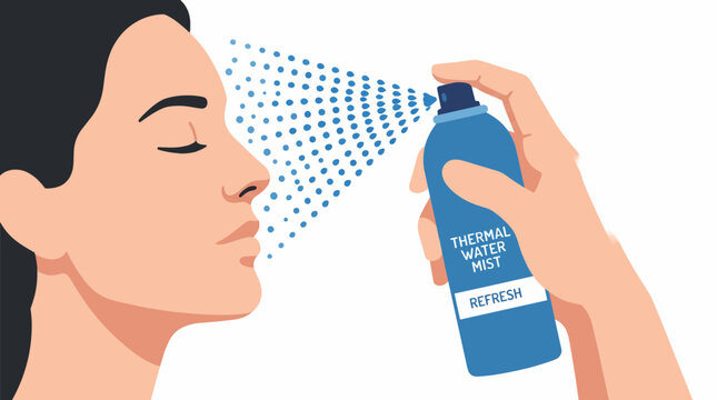 Woman spraying thermal water mist on her face for a refreshing skincare routine