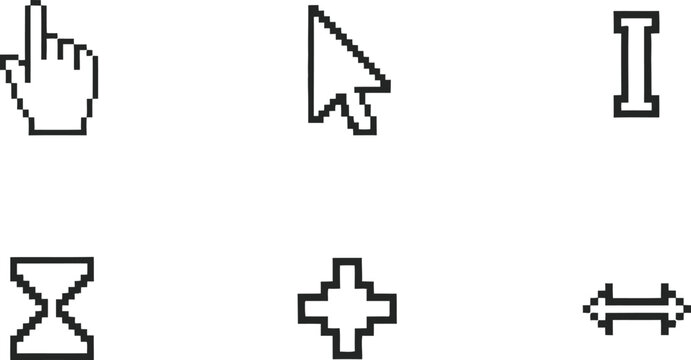 Pixel art computer cursor set collection icons including hand pointer hourglass arrow and text.