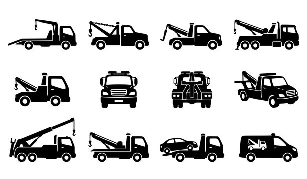 Black Tow Truck Silhouette Icon Collection Simple Recovery Vehicle Vector Set