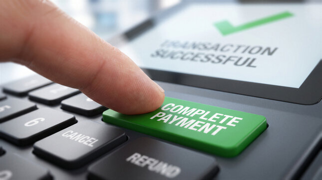 Closeup of a finger pressing a green button on a payment terminal with a transaction successful message on the screen