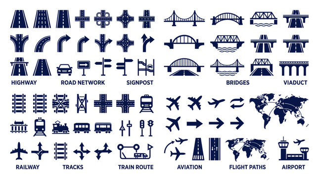 Transportation Icons: Bridges, Roads, Trains, Airplanes, Maps, Airport