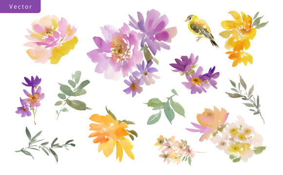 Watercolor modern floral vector clipart set with abstract hand painted dusty purple peonies, wild flowers, leaves and little bird for background, greeting card and surface design