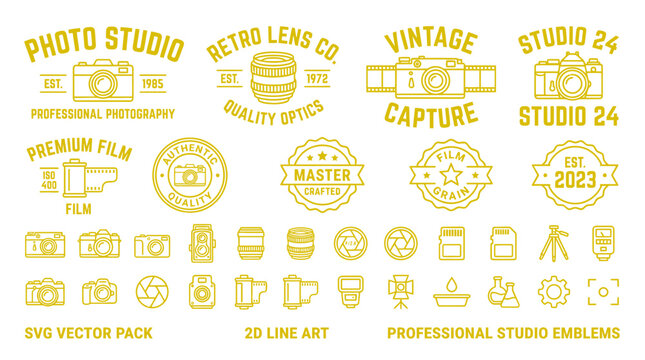 Vintage Photography Emblems & Icons: Studio, Camera, Film, Retro Labels