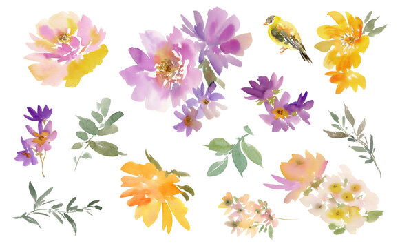 Watercolor modern floral PNG clipart set with abstract hand painted dusty purple peonies, wild flowers, leaves and little bird for background, greeting card and surface design