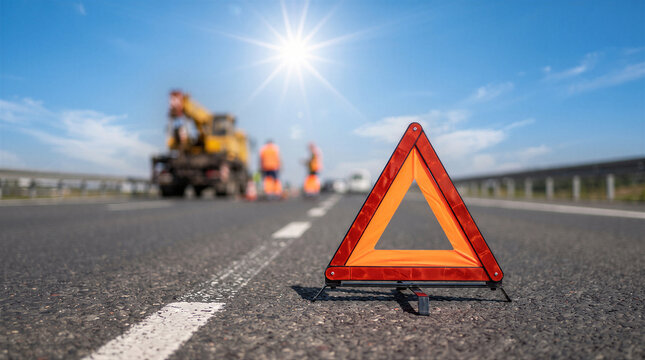 Warning triangle on the road, emergency sign for traffic safety, broken down vehicle on highway, construction site with workers