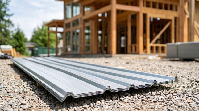 Stack of corrugated metal roofing panels at a residential construction site with a wooden house frame in the background