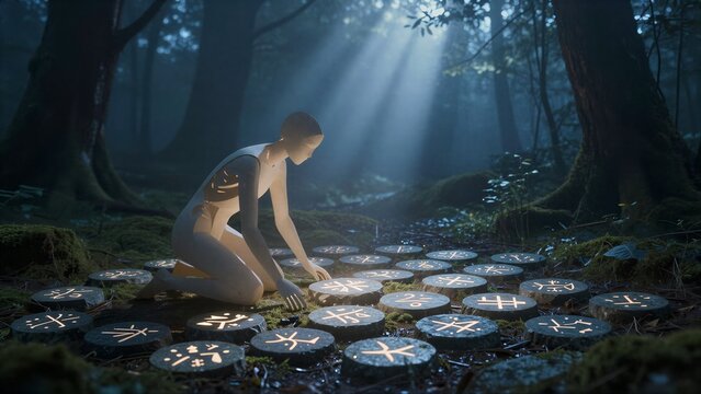 Mystical figure kneels in forest, arranging glowing runes under sunbeams.
