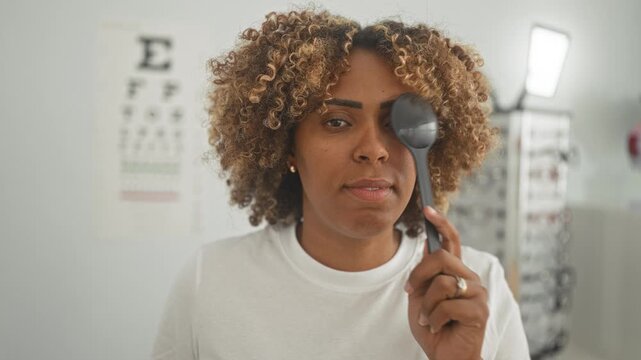 Woman holds occluder over one eye during eye exam with snellen chart and glasses rack visible in building; confidence eye care.