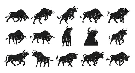 Fototapeta premium Black and white animal icons set with horns