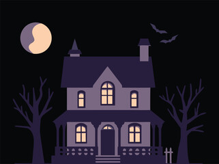 Fototapeta premium Haunted House Silhouette with Moon Bats and Bare Trees Night Scene