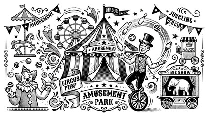 Vintage Circus Tent, Juggler on Unicycle, Elephant, Clown and Ferris Wheel © Yaskur