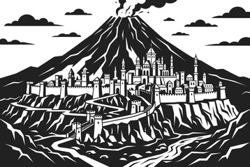 Fototapeta premium Ancient City on Volcanic Mountain Slope, Epic Landscape Illustration