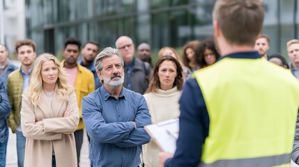 Fototapeta premium Diverse group of people listening attentively to a speaker in a modern urban setting.