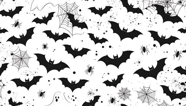 Seamless halloween pattern of silhouetted bats and pixelated spiderwebs, spooky night theme, black and white texture