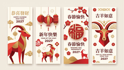 2027 lunar new year vertical banners featuring goat zodiac and festive chinese elements traditional horoscope oriental celebration greeting decoration prosperity festival folklore © Shaon