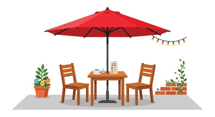 Outdoor cafe scene with red umbrella and chairs on white background coffee shop restaurant seating patio terrace table parasol shade sunshade menu cup tea © Sagor
