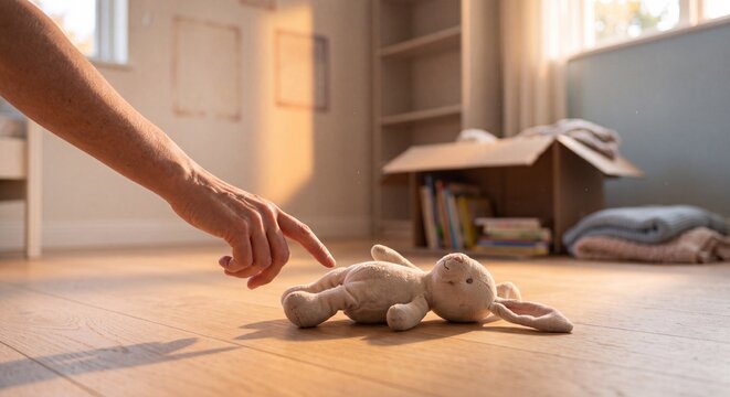 A forgotten plush bunny toy lying on a wooden floor in an empty room with cardboard boxes during moving day