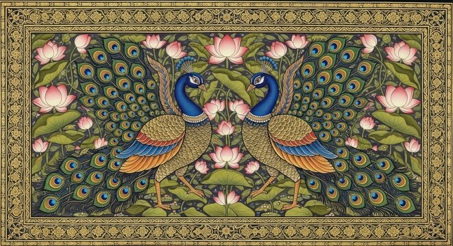Exquisite Indian Miniature Painting of Two Peacocks Amidst Lotus Flowers.