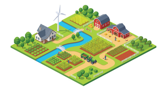 Isometric farm scene with buildings fields and a river vector illustration farmland agriculture rural countryside crops vegetables cornfield barn farmhouse windmill wind turbine waterway