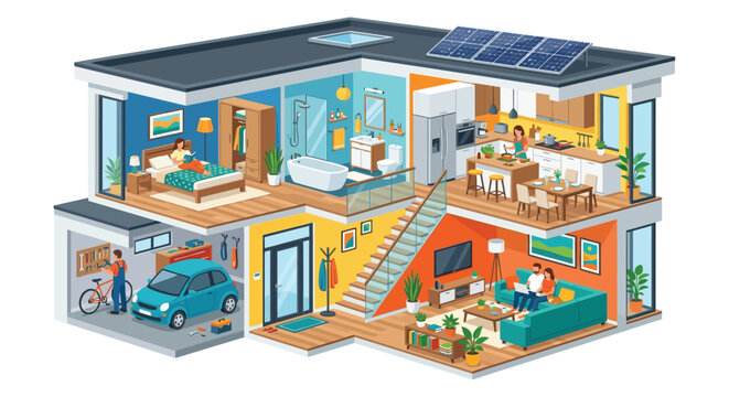 Cutaway house illustration with interior details and solar panels on a white background architecture building dwelling home residence plan floor cross section design room kitchen