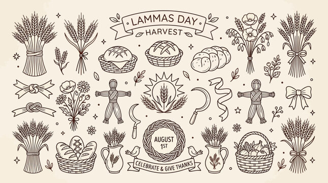 Lammas Day Harvest Celebration with Wheat Sheaves, Bread, and Scarecrows.
