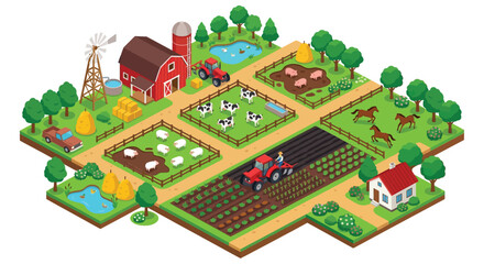 Isometric farm scene with buildings crops and livestock on a white background farmland agriculture farming rural countryside cattle cows pigs sheep horses barn windmill © Sagor