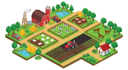 Gardinen Bauernhof Isometric farm scene with buildings crops and livestock on a white background farmland agriculture farming rural countryside cattle cows pigs sheep horses barn windmill  © Sagor