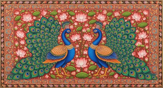 Exquisite Indian Miniature Painting of Two Peacocks Amidst Lotus Flowers.