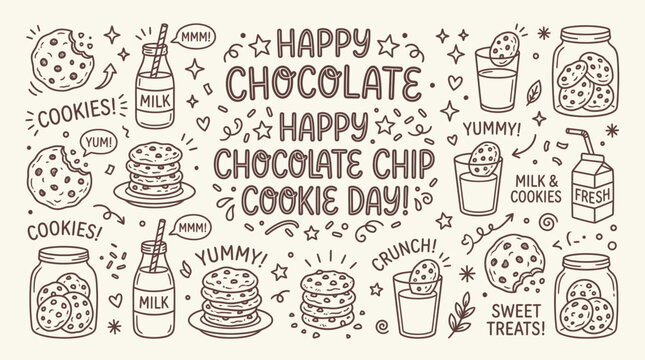 Happy Chocolate Chip Cookie Day celebration with delicious cookies and milk doodles.