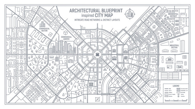 Architectural Blueprint City Map: Urban Road Networks and District Layouts