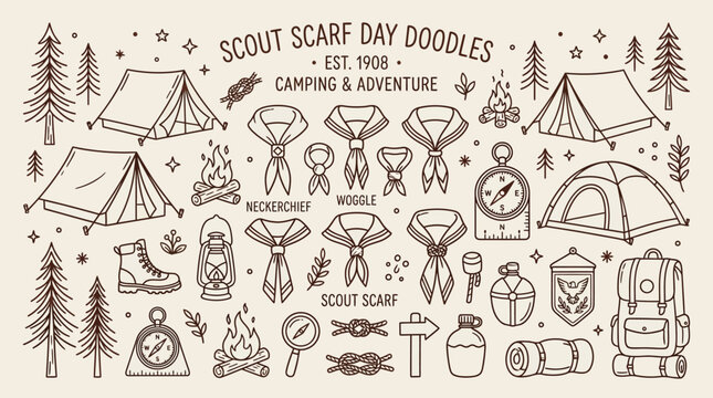 Scout Scarf Day Doodles Celebrating Camping and Adventure Est. 1908 with Tents, Necklaces, and Backpacks.