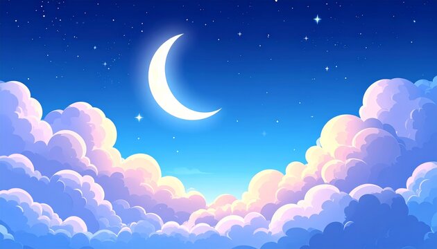 a crescent moon shines brightly in the night sky with clouds.