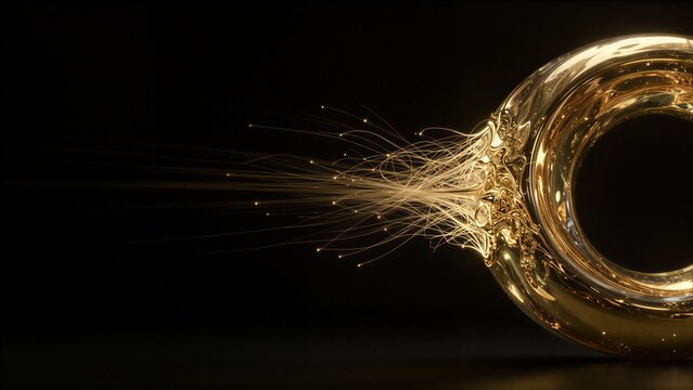 Golden ring emits radiant light trails against a deep black background.