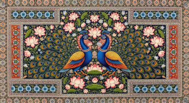 Exquisite Indian Miniature Painting of Two Peacocks Amidst Lotus Flowers and Intricate Borders.