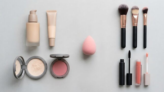 Set of professional makeup brushes and cosmetic beauty products for face skin care. beginner makeup guide 
