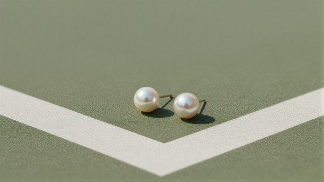 Two pearl earrings rest on a green surface with white lines.