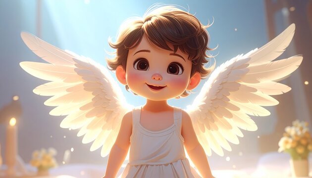 A cheerful cartoon angel boy with wings.