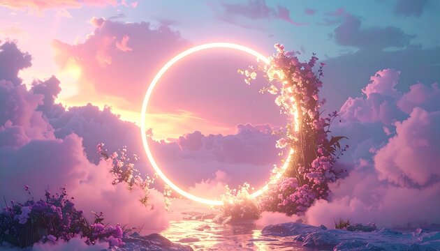Vibrant sunset with glowing circle and clouds.