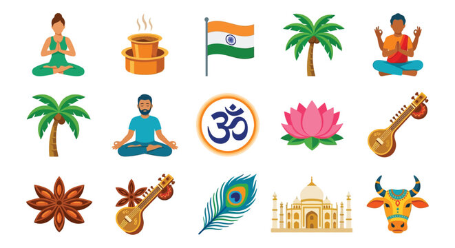 Indian culture themed Flat Icons Lotus Taj Mahal Musical Instruments And Religious Symbols india asian south asia flower blossom monument architecture historical landmark sitar