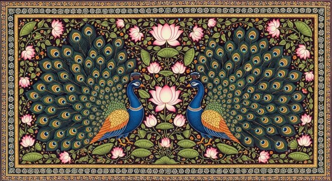 Exquisite Indian Miniature Painting of Two Peacocks Amidst Lotus Flowers and Leaves.