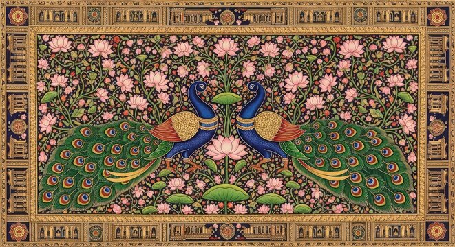 Exquisite Indian Miniature Painting of Two Peacocks Amidst Lotus Flowers and Lush Foliage.