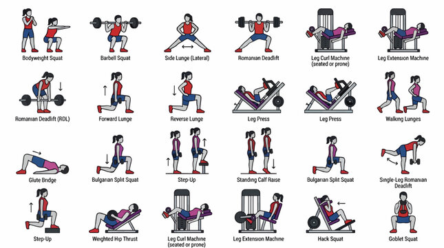 Flat Vector Icons of 18 Lower Body Workout Exercises for Fitness and Gym Training, Featuring People Performing Various Exercises with Weights and Machines