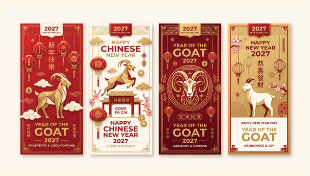 Four vertical banners set for chinese new year 2027 year of the goat with decorative traditional elements gold accents and festive lanterns tradition celebration horoscope decoration oriental