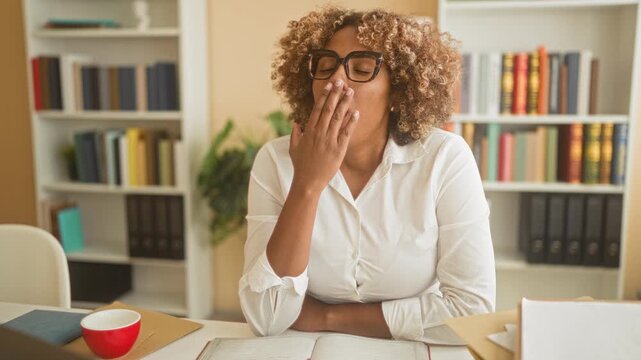 Woman with glasses hand to mouth yawning and holding a red cup at a desk in a building; tired focus routine.