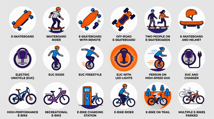 Fototapeta premium Set of 18 Flat Vector Icons for Electric Skateboards, EUCs, and E-Bikes, Featuring Riders, Charging Stations, and Various Models, Clean Graphic Design with Orange, Blue, and Purple Accents